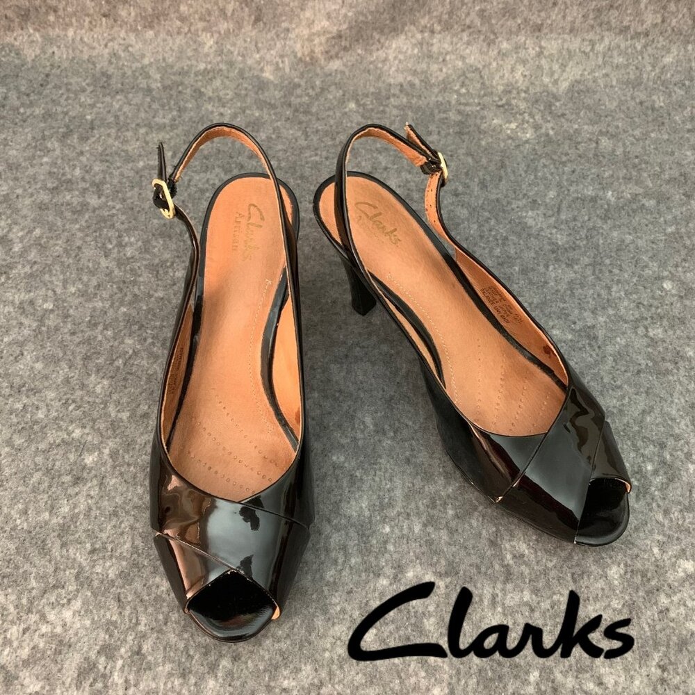 Clarks Artisan Women's Patent Leather Black Shoes Sling Back Heel Peep Toe Shoes